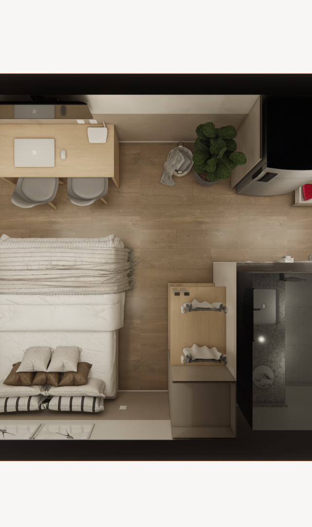 Planta baixa 3D de studio com cama, mesa, cozinha linear, banheiro, tons de madeira, branco e cinza, projeto Vila Clementino