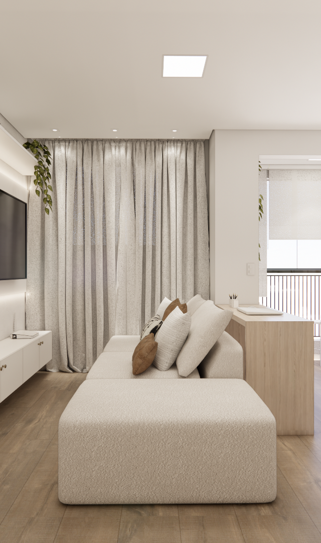 Render 3D de sala e jantar integradas, tons claros, marcenaria branca, piso amadeirado, sofá bege e iluminação indireta