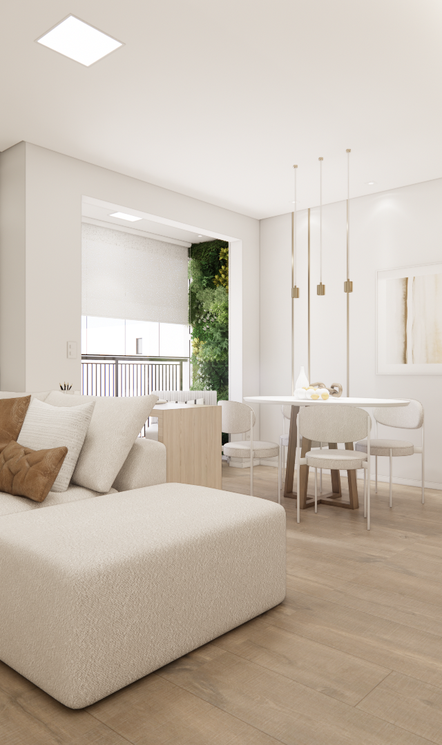 Render 3D de sala e cozinha integradas, tons neutros, marcenaria clara, piso amadeirado, sofá bege e iluminação suave