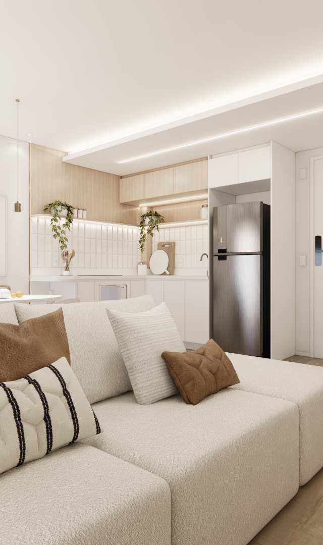 Render 3D de sala e cozinha integradas, tons neutros, marcenaria em madeira clara, sofá bege, iluminação em LED e espelho