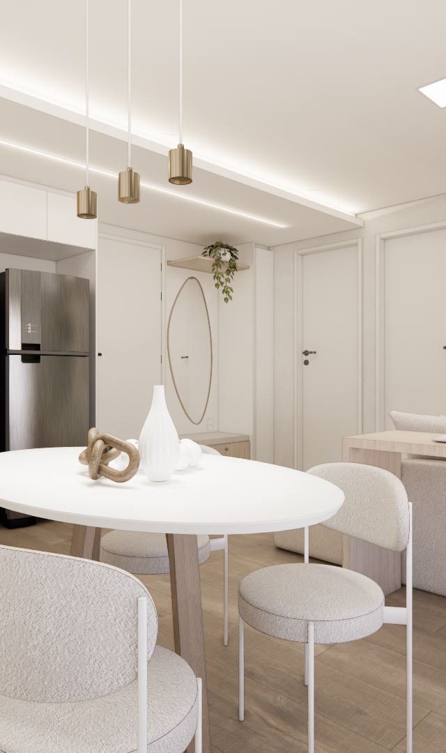 Render 3D de sala e cozinha integradas, tons claros, madeira, mesa oval, cadeiras estofadas e iluminação embutida em SP