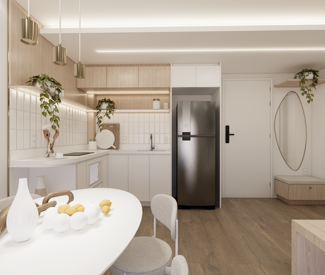 Render 3D de cozinha e sala de jantar em SP, com marcenaria clara, tons neutros, iluminação indireta e toques orgânicos