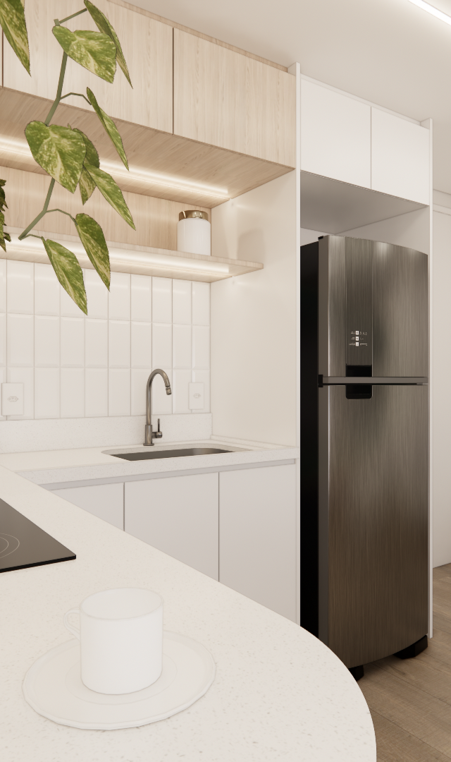 Render 3D de cozinha compacta em tons claros, marcenaria em madeira e branco, bancada em quartzo e geladeira preta