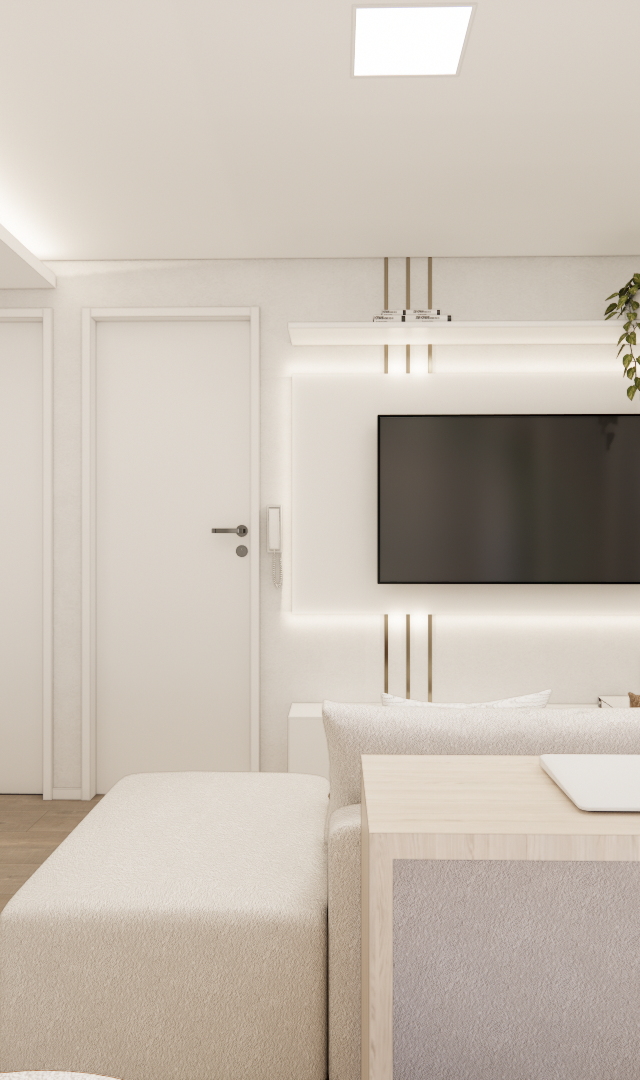 Render 3D da sala do projeto PACOBA: tons claros, marcenaria em madeira, sofá, TV, iluminação em LED e cortinas beges
