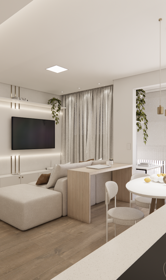 Render 3D de sala e cozinha integradas, tons neutros, marcenaria clara, piso amadeirado e iluminação embutida no PACOBA