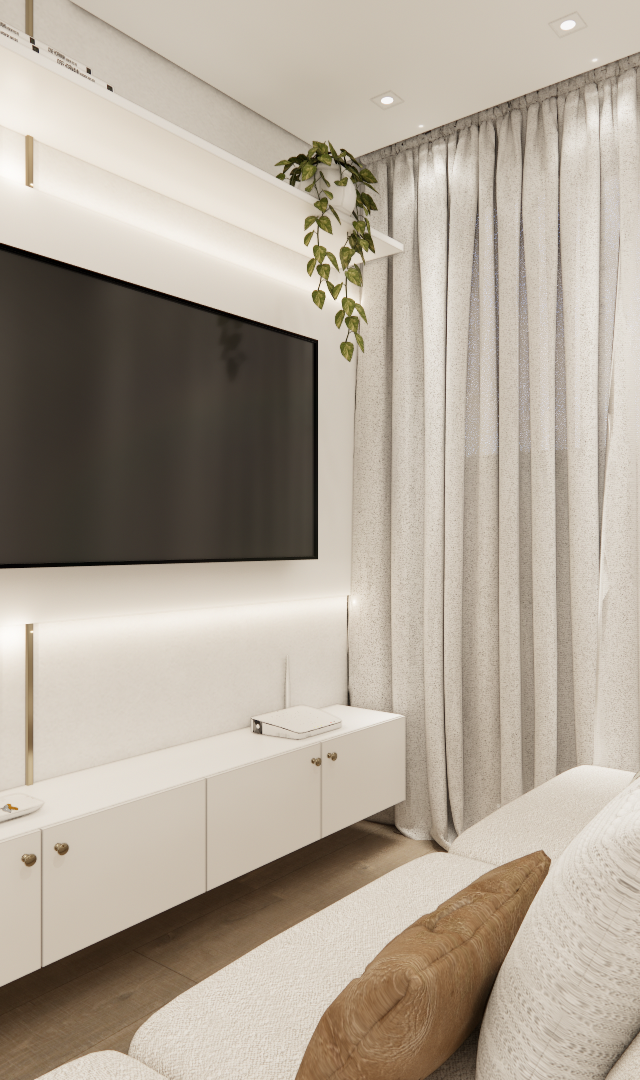 Render 3D de sala em tons claros com painel branco, iluminação indireta, rack suspenso, cortinas e sofá com almofadas