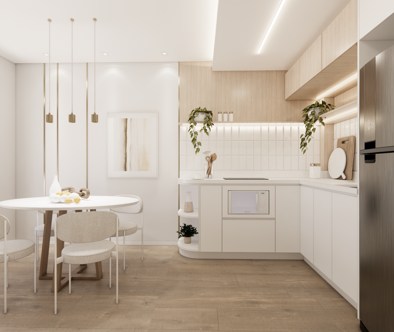 Render 3D de cozinha e sala de jantar no PACOBA, tons claros, marcenaria em madeira e branco, iluminação quente e plantas