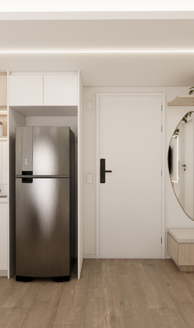 Render 3D de cozinha compacta e hall no PACOBA, com marcenaria branca e amadeirada, geladeira inox e iluminação linear