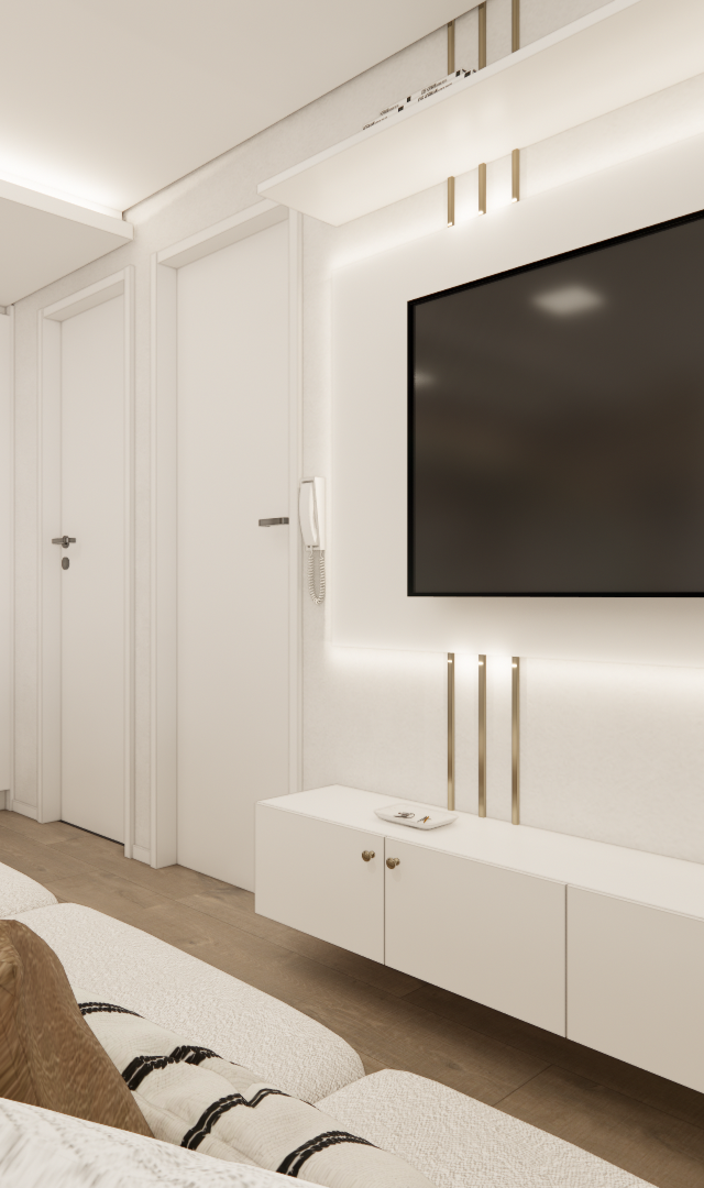 Render 3D de sala em tons claros com rack branco suspenso, marcenaria planejada, painel de TV iluminado e sofá com almofadas