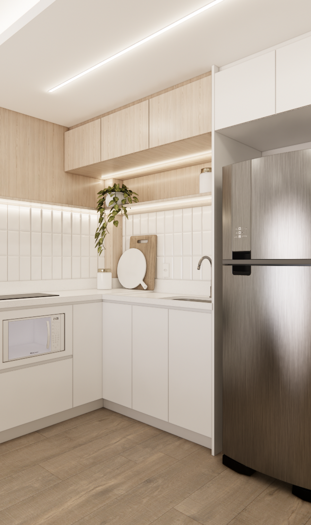 Render 3D de cozinha compacta em SP, marcenaria branca e amadeirada, azulejos brancos, iluminação em LED e geladeira inox