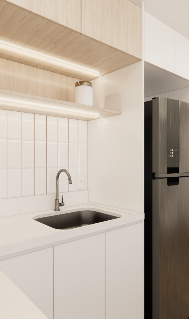 Render 3D de cozinha em Cidade Jardim com marcenaria clara, azulejos brancos, bancada branca, geladeira preta e plantas