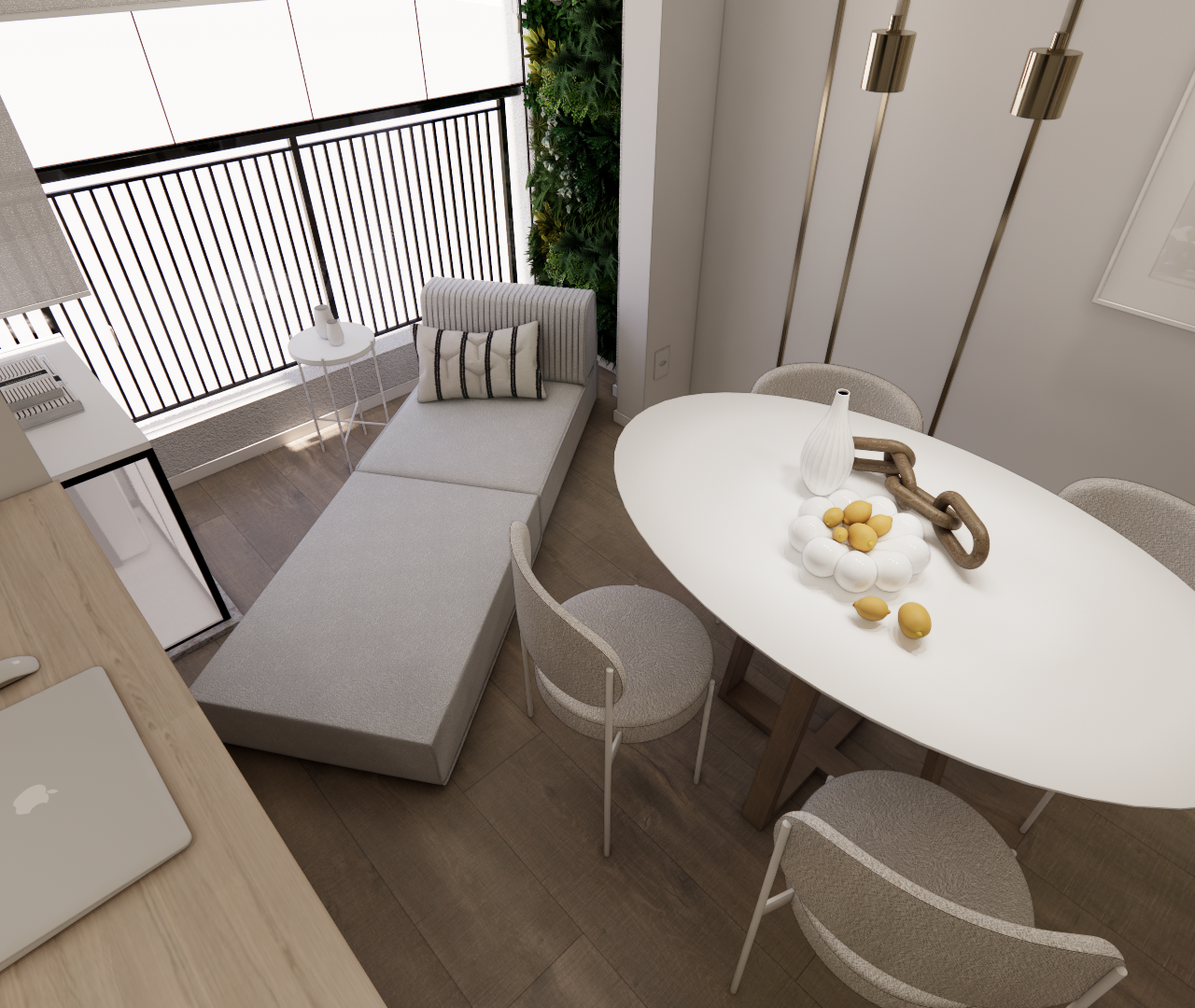 Render 3D da sala de jantar e estar integrada, tons neutros, mesa oval branca, chaise cinza e piso de madeira em SP