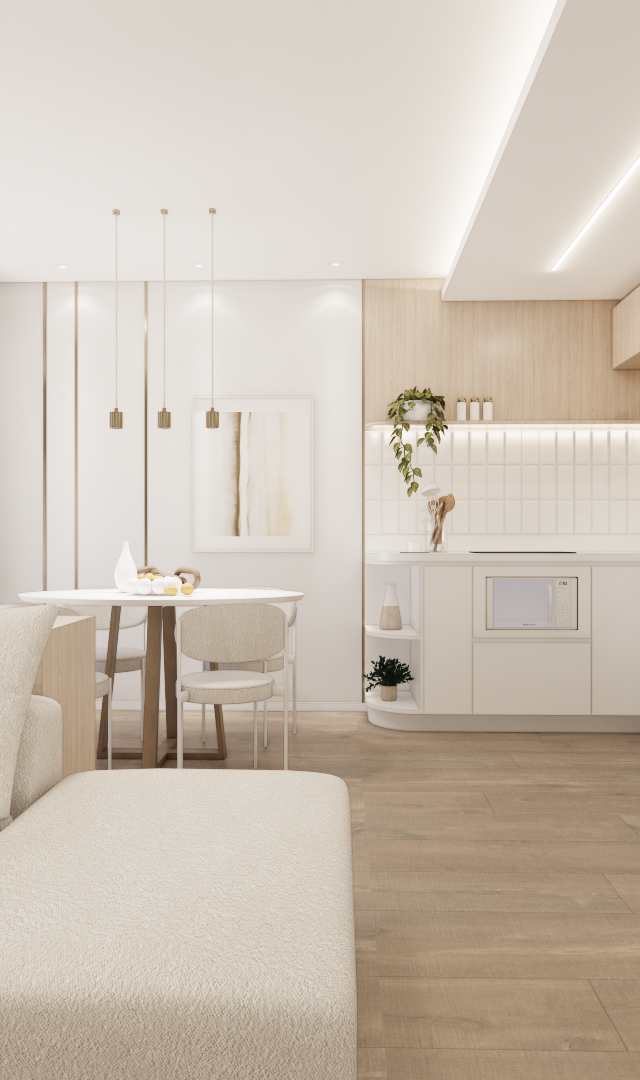 Render 3D de sala e cozinha integradas, marcenaria clara, tons neutros, iluminação indireta e jardim vertical no fundo