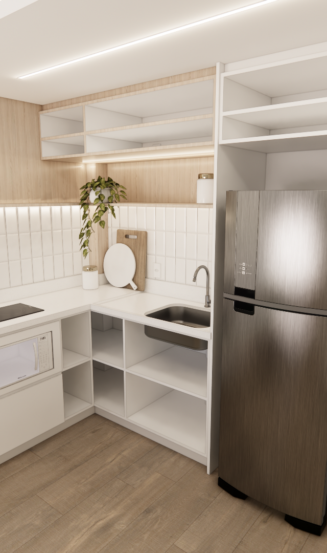 Render 3D de cozinha compacta em SP com marcenaria em tons claros e amadeirados, bancada branca, azulejos e luz indireta