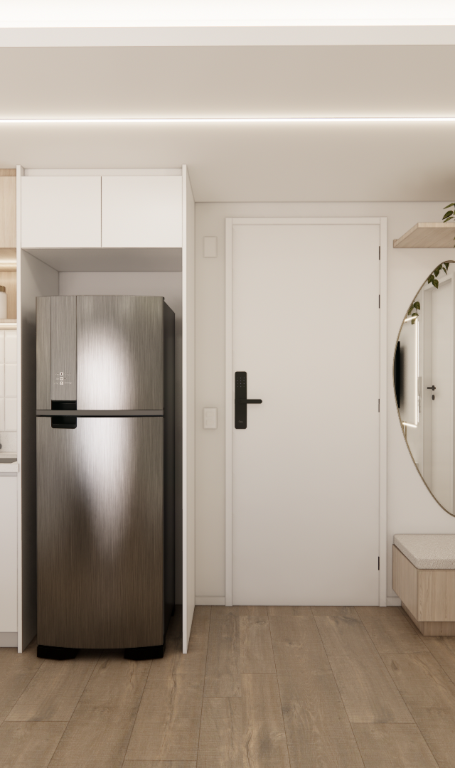 Render 3D de cozinha e hall de entrada em tons claros, madeira, marcenaria branca, geladeira inox e iluminação linear