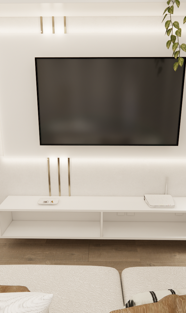 Render 3D de sala em SP, painel branco com TV, rack suspenso, detalhes dourados, iluminação indireta e piso amadeirado