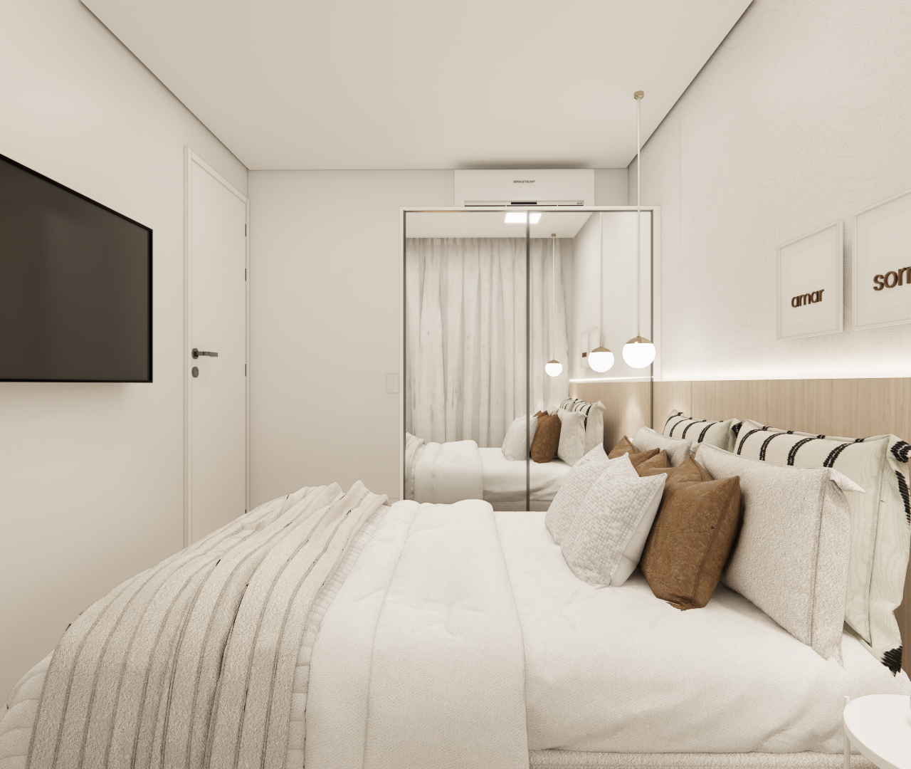 Render 3D de quarto em tons claros com cama, cabeceira de madeira, armário espelhado e iluminação quente pendente