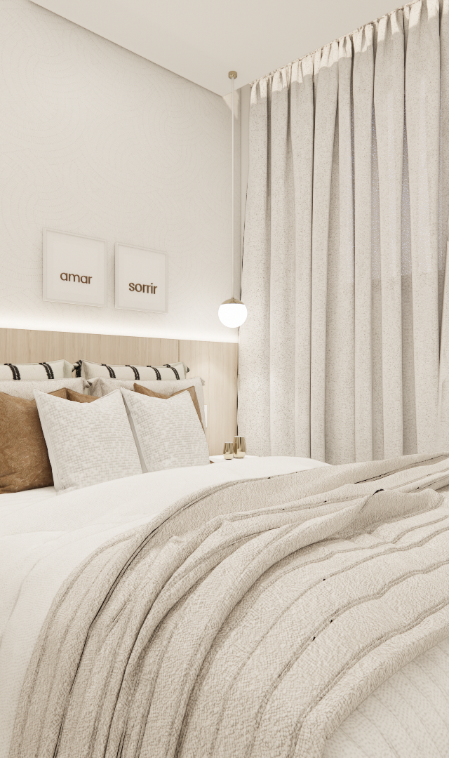 Render 3D de quarto no PACOBA Cidade Jardim com tons neutros, cabeceira em madeira, iluminação indireta e cortinas claras