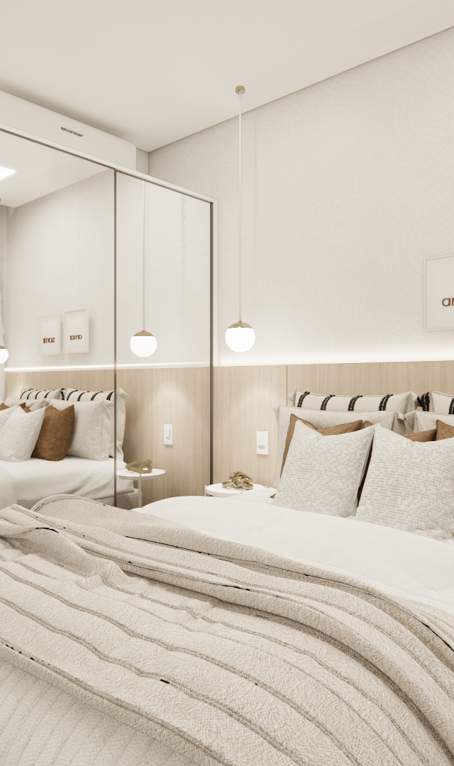 Render 3D de quarto em tons claros com painel amadeirado, guarda-roupa espelhado, cama com enxoval neutro e iluminação suave