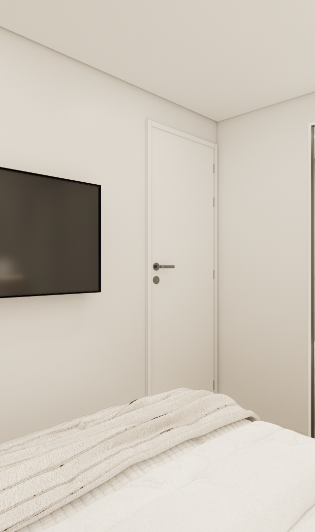 Render 3D de quarto com tons claros, TV na parede com frisos dourados, armário espelhado e iluminação embutida neutra