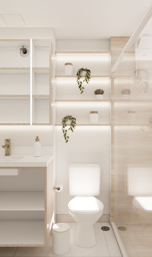 Render 3D de banheiro no PACOBA com marcenaria em tons claros, prateleiras iluminadas, metais dourados e revestimento amadeirado
