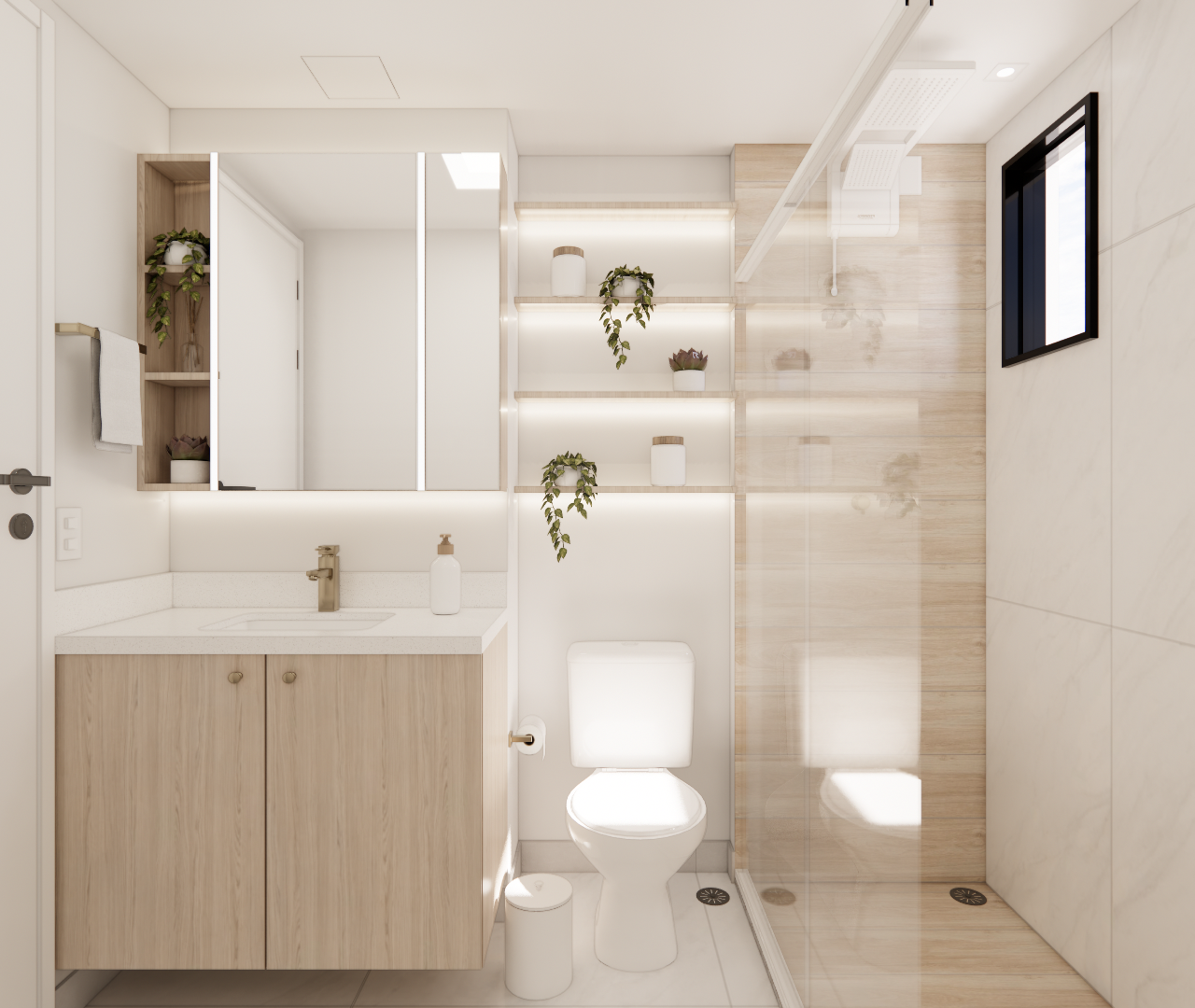 Render 3D de banheiro no PACOBA com marcenaria em tons claros, metais dourados, revestimento marmorizado e luz indireta