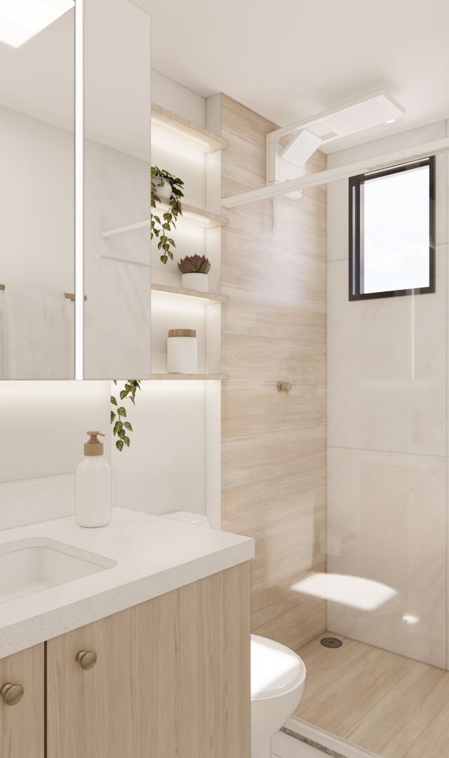 Render 3D de banheiro moderno no PACOBA com marcenaria em tom amadeirado, bancada clara, metais dourados e iluminação LED