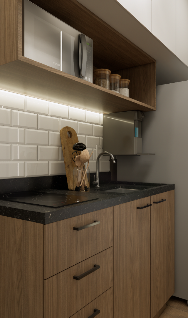 Render 3D de cozinha compacta SX - GO BALKON com marcenaria amadeirada, bancada preta, azulejos brancos e iluminação em LED