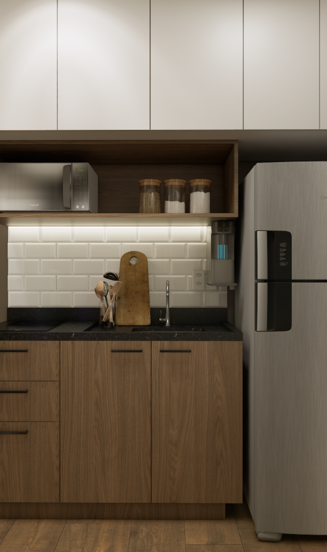 Render 3D de cozinha compacta, marcenaria em madeira e branco, bancada preta, azulejos metrô e iluminação embutida