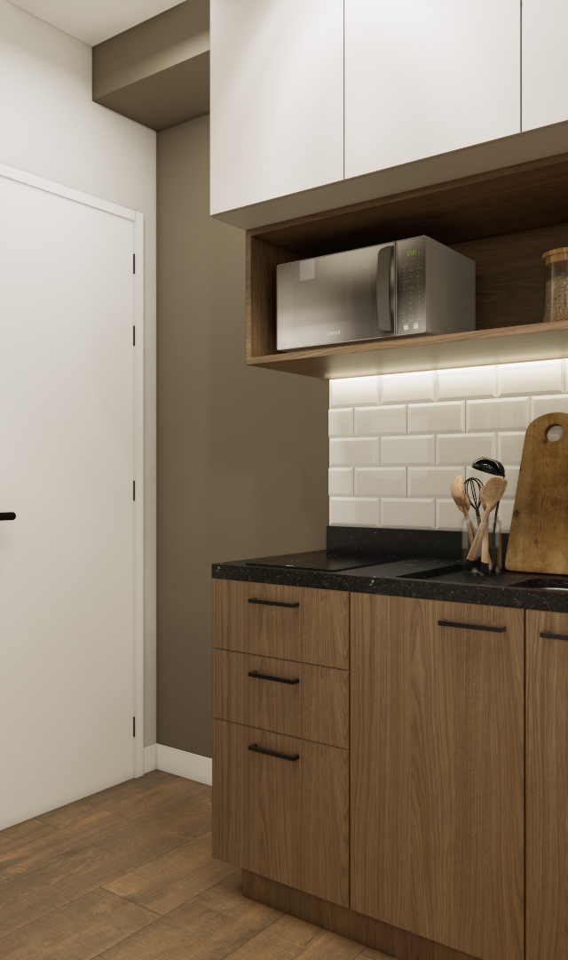 Render 3D de cozinha compacta com marcenaria em madeira e branco, bancada preta, azulejos metrô e iluminação embutida