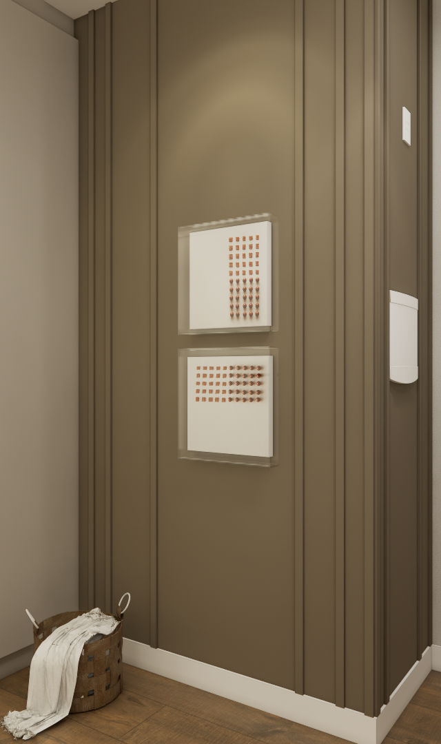 Render 3D de interior com armários claros, parede ripada marrom, mesa de jantar, quadros decorativos e piso amadeirado