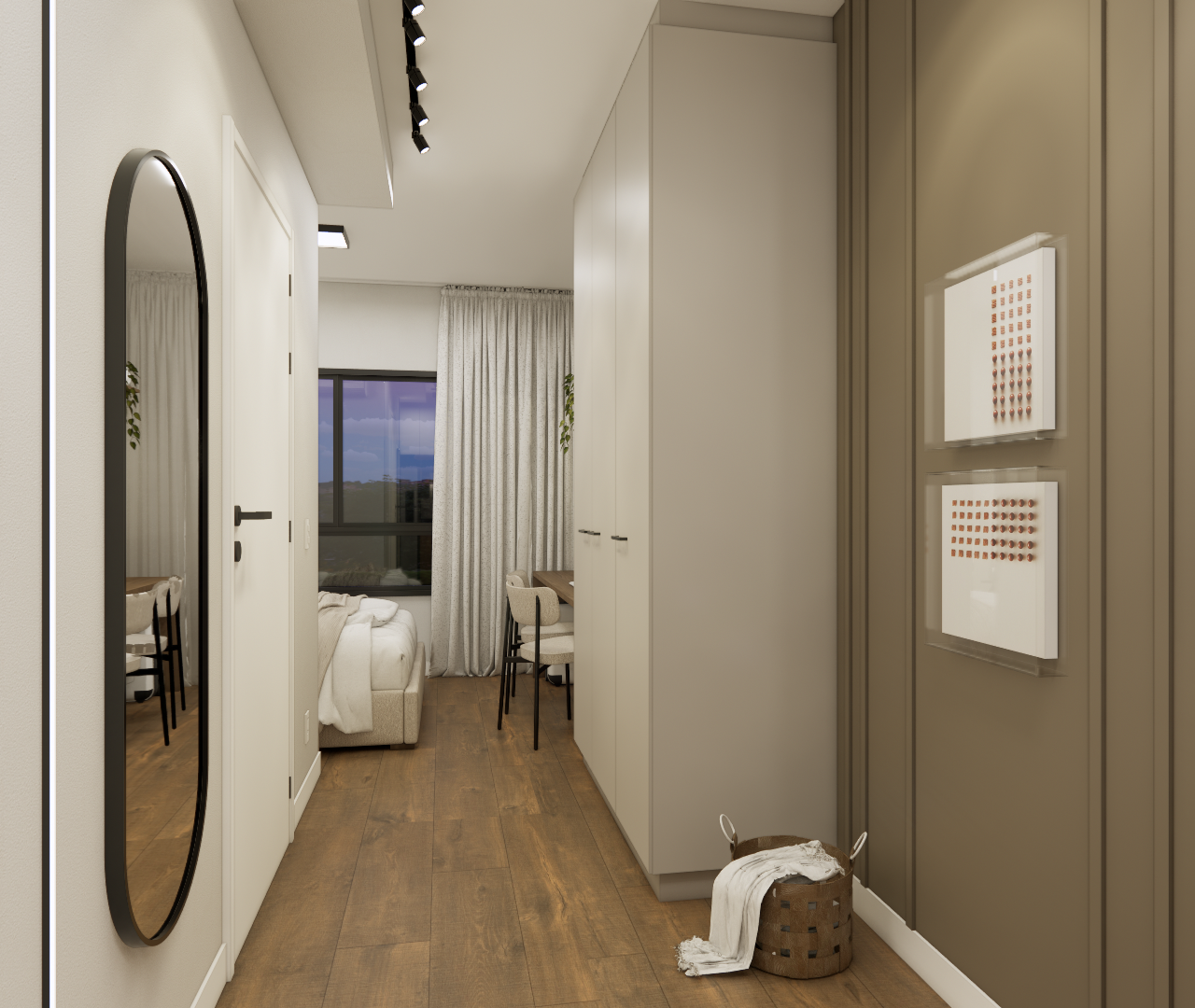 Render 3D de hall de entrada do SX - GO BALKON com marcenaria bege, parede ripada marrom, espelho oval e piso amadeirado