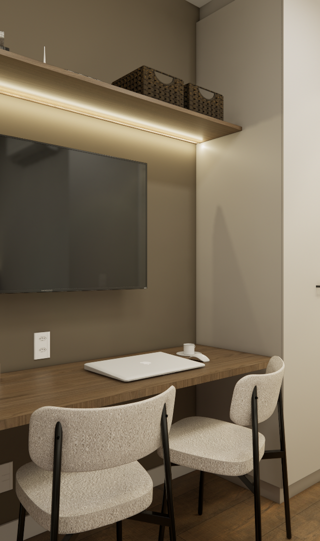 Render 3D de sala e cozinha integrada: marcenaria em madeira e tons neutros, TV, bancada de trabalho e cadeiras modernas
