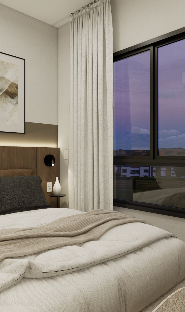 Render 3D de quarto aconchegante com tons neutros, painel de madeira, iluminação indireta, cama e vista para o entardecer