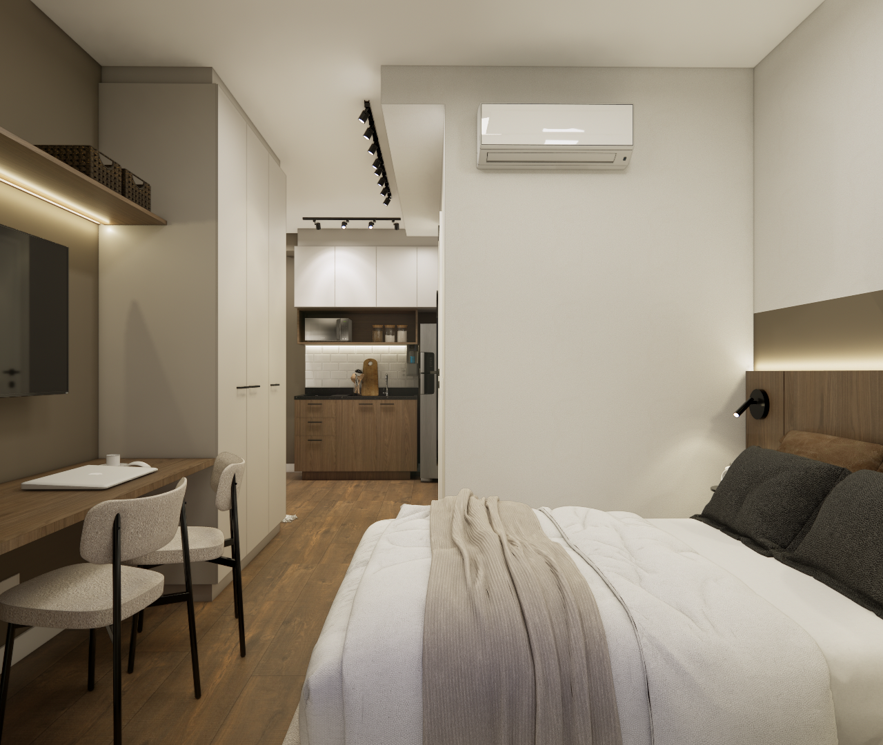 Render 3D de estúdio com tons terrosos, marcenaria em madeira, cama, mesa de trabalho, iluminação indireta e cozinha ao fundo
