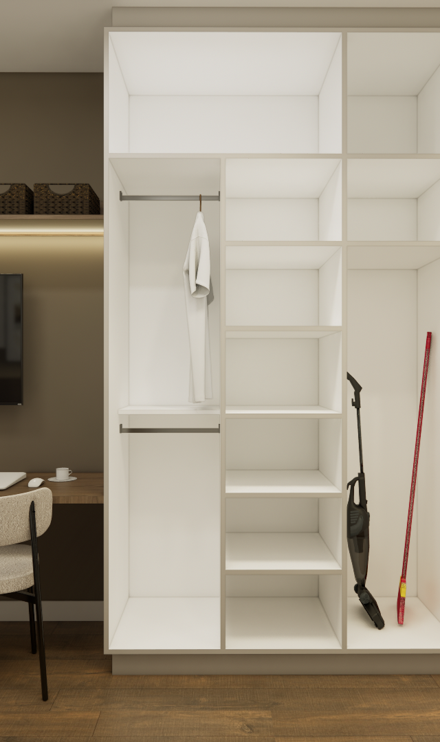 Render 3D de quarto com marcenaria branca, mesa de trabalho em madeira, cadeiras beges e parede em tom marrom acinzentado