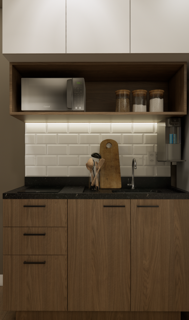 Render 3D de cozinha compacta, armários em madeira e branco, bancada preta, revestimento tipo metrô e iluminação indireta