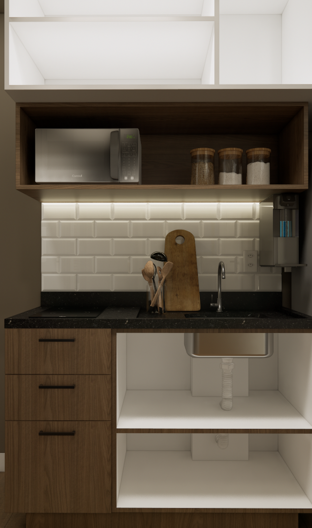 Render 3D de cozinha compacta, marcenaria em madeira e branco, azulejo tipo metrô, bancada preta e geladeira inox