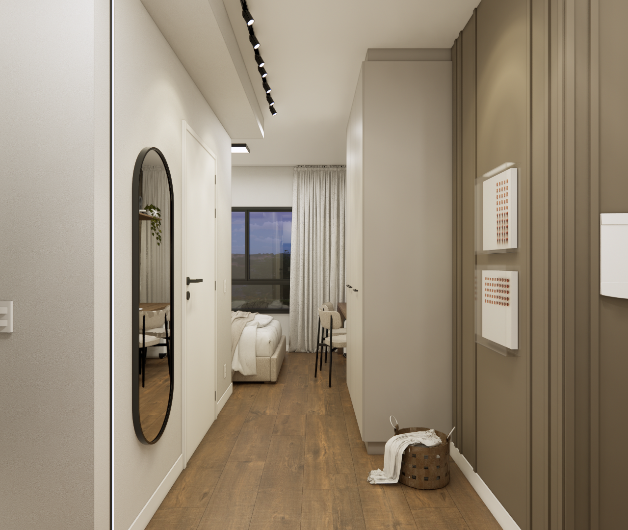 Render 3D de corredor com piso amadeirado, marcenaria em tons de bege e fendi, espelho oval e iluminação em trilho