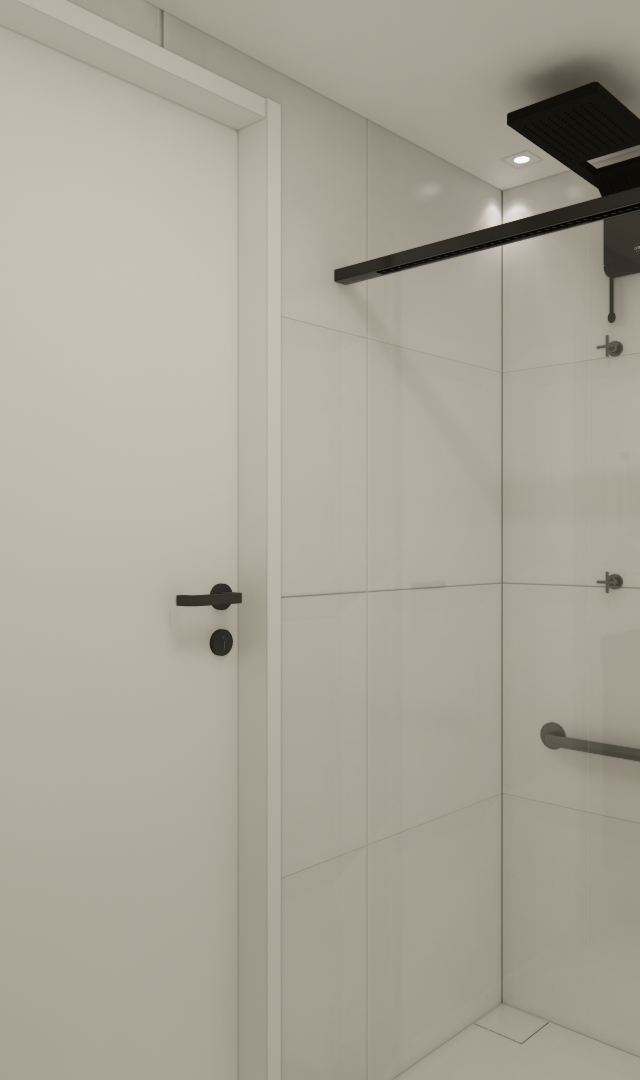 Render 3D de banheiro SX - GO BALKON com revestimento branco, metais pretos, box de vidro e bancada em granito preto