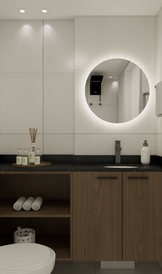 Render 3D de banheiro SX - GO BALKON com bancada preta, marcenaria amadeirada, espelho redondo iluminado e paredes brancas