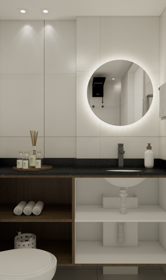 Render 3D de banheiro branco e amadeirado com bancada preta, espelho redondo iluminado e iluminação embutida no teto