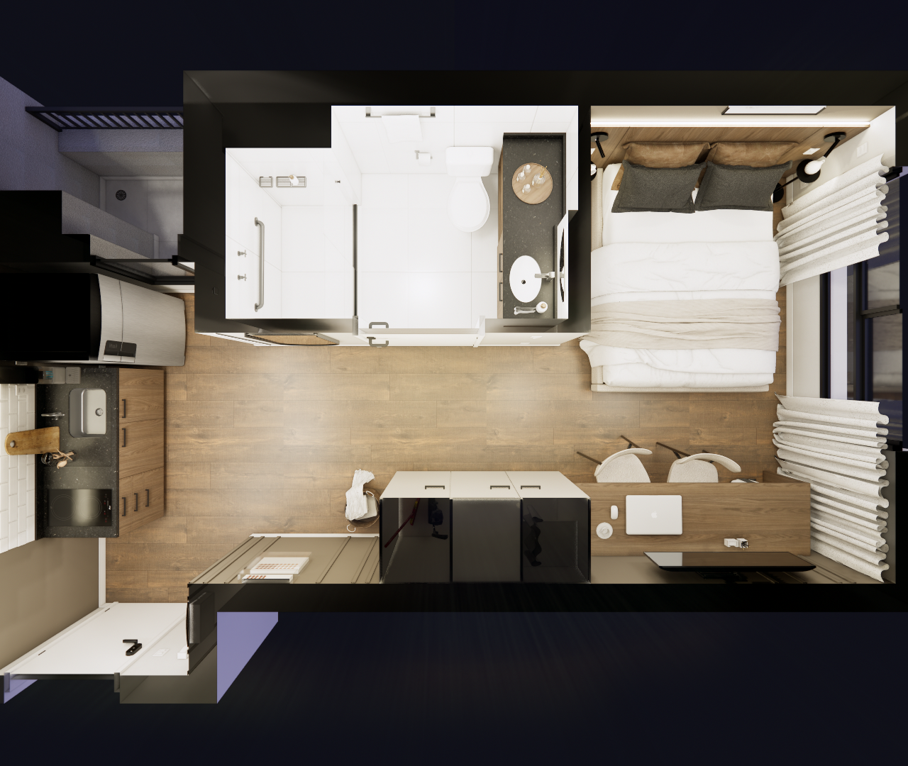 Planta 3D zenital do projeto SX - GO BALKON, estúdio compacto com cozinha, banheiro integrado e quarto em tons neutros
