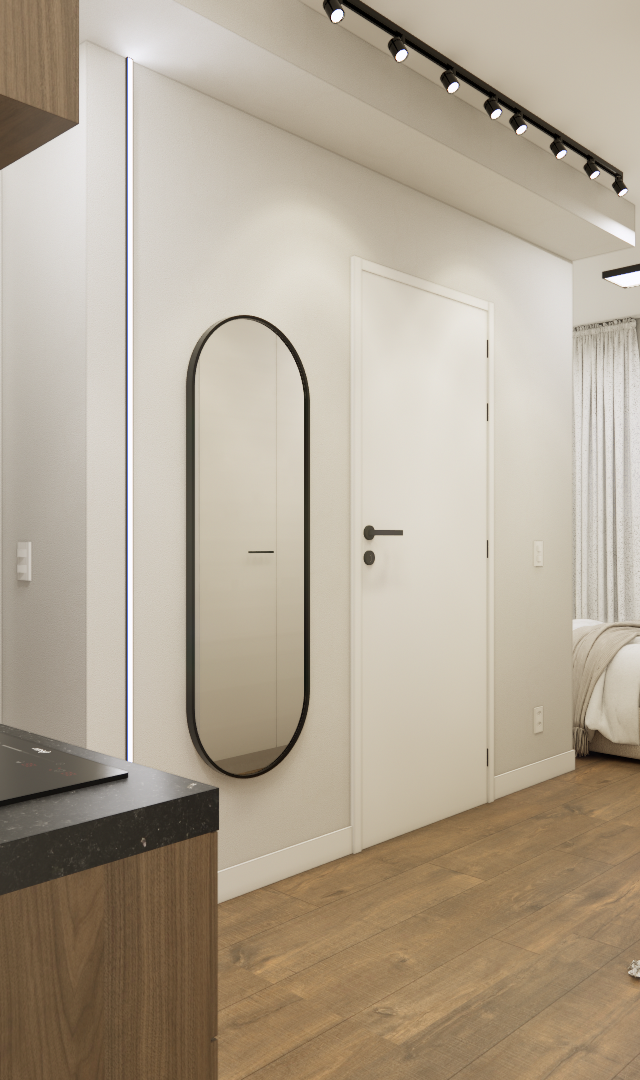 Render 3D de apartamento compacto com cozinha em marcenaria amadeirada, bancada preta e corredor para quarto iluminado