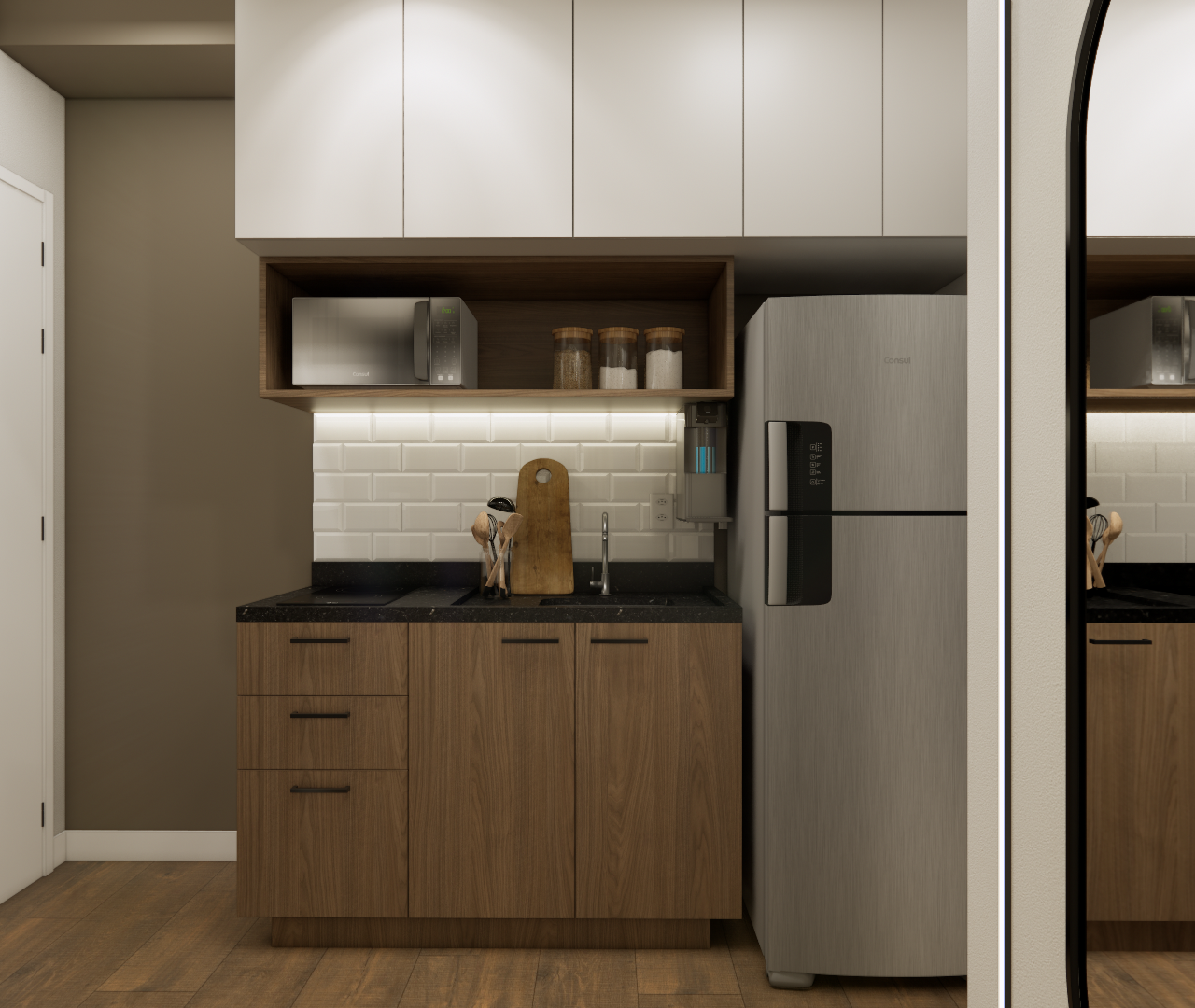 Render 3D de cozinha compacta com marcenaria em madeira e branco, bancada preta, revestimento tipo tijolinho e iluminação