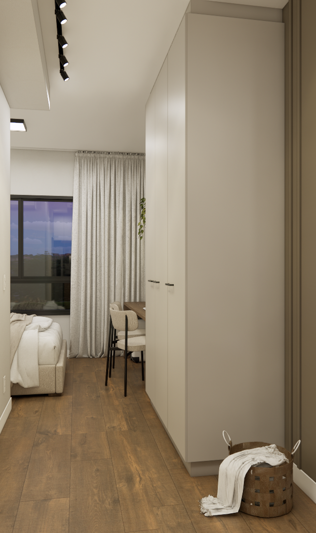 Render 3D de corredor de apartamento com marcenaria bege, parede com boiserie marrom, espelho oval e piso amadeirado