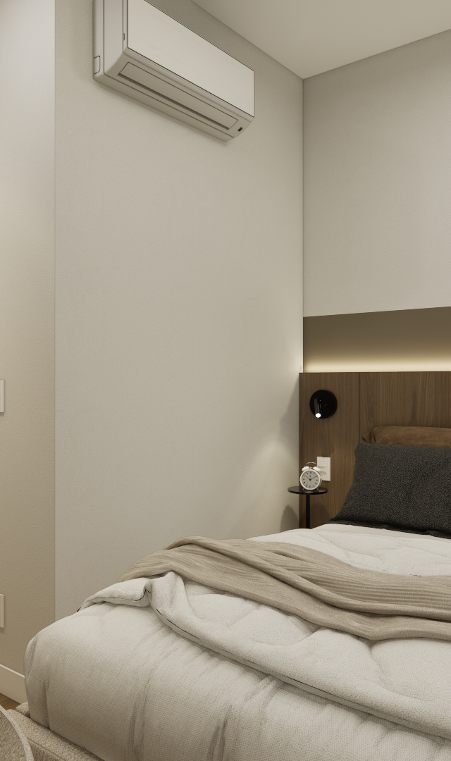Render 3D de estúdio com quarto e cozinha integrados, tons neutros, cabeceira amadeirada, iluminação quente e espelho oval