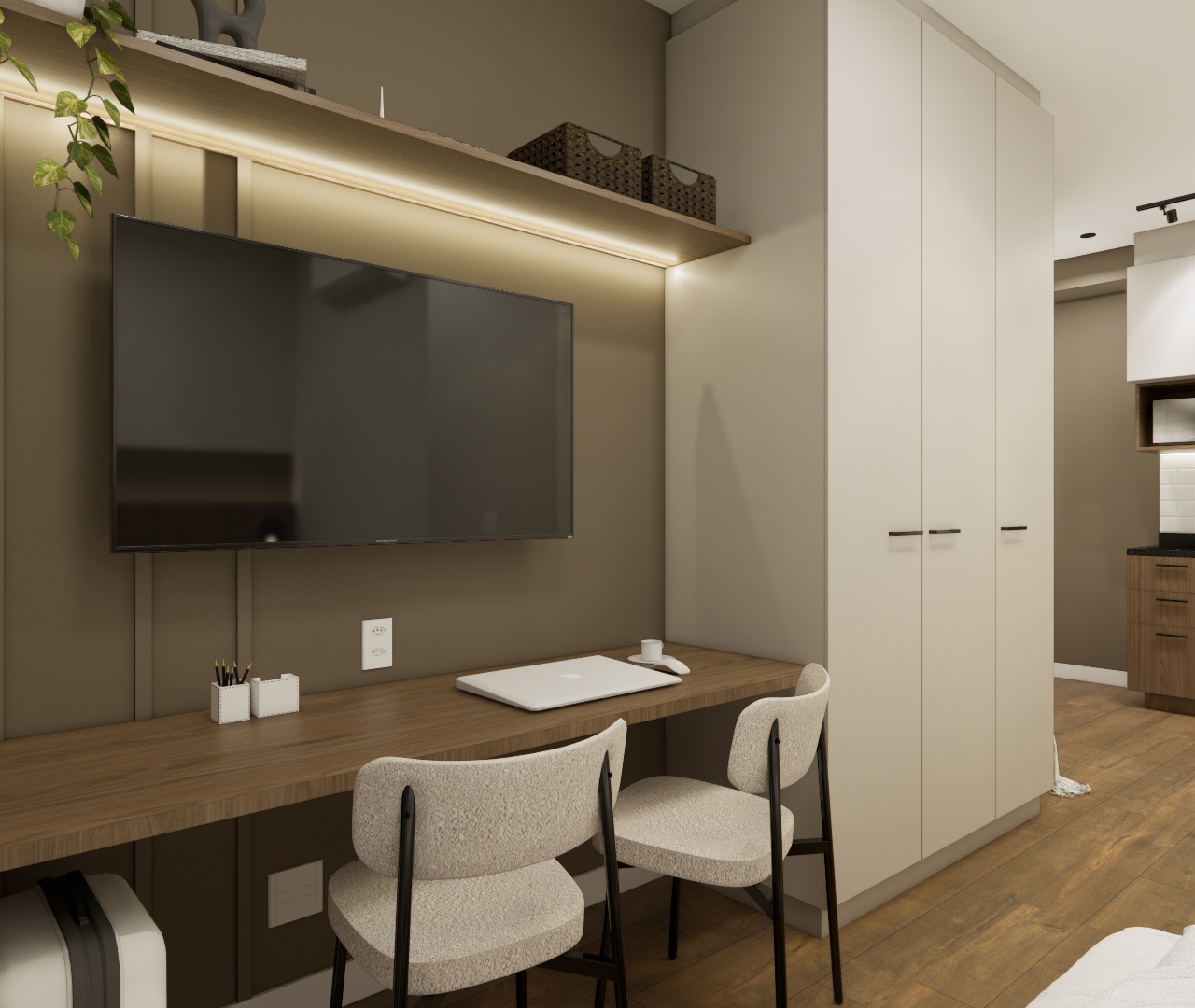 Render 3D de sala e cozinha integradas, parede marrom com marcenaria em madeira e armários claros, iluminação indireta