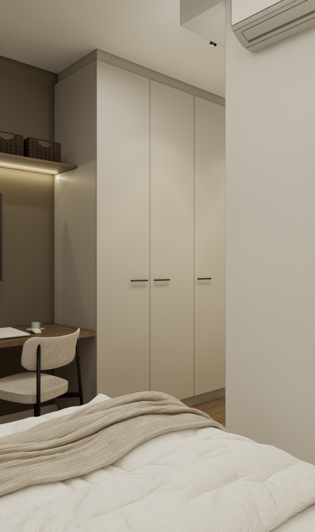 Render 3D de quarto com parede marrom, bancada de madeira, TV, armário bege, cadeiras claras e iluminação indireta quente