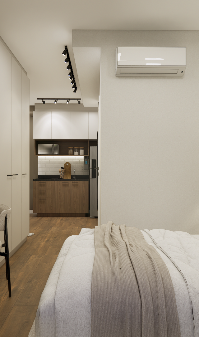 Render 3D de estúdio com cama, marcenaria em madeira e tons neutros, iluminação indireta e bancada de trabalho integrada